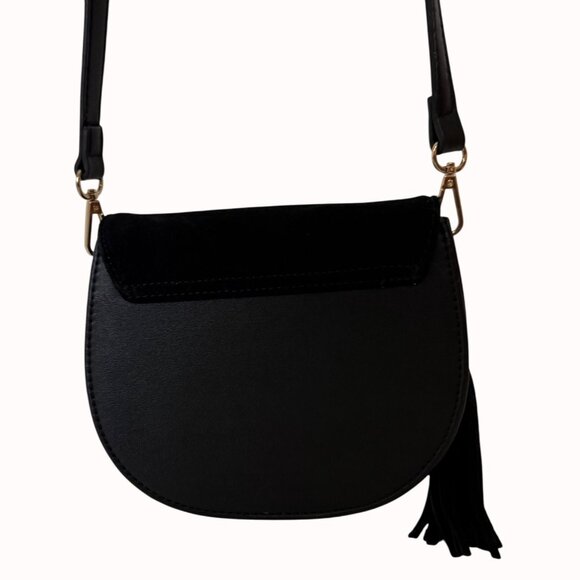 Moda Luxe Black Crossbody Bag Faux Suede Vegan Leather Tassel Accent Adjustable - Picture 3 of 16